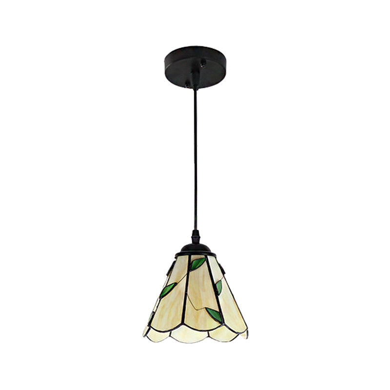 Silver/Black 1 Head Pendant Lamp Tiffany-Style Stained Glass Tapered Hanging Light Fixture with Leaf Pattern