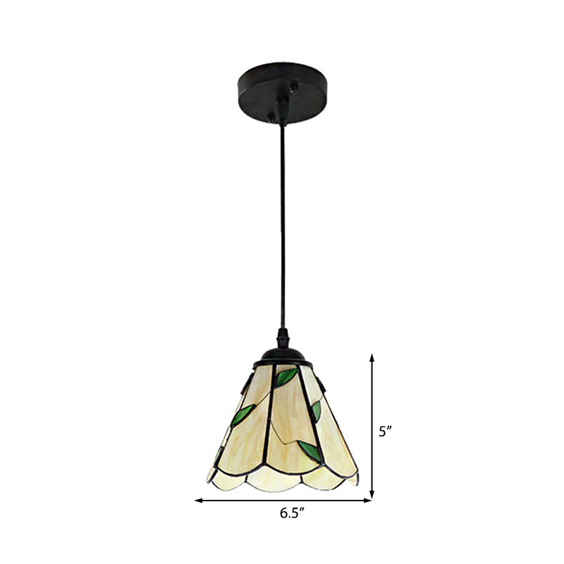 Silver/Black 1 Head Pendant Lamp Tiffany-Style Stained Glass Tapered Hanging Light Fixture with Leaf Pattern