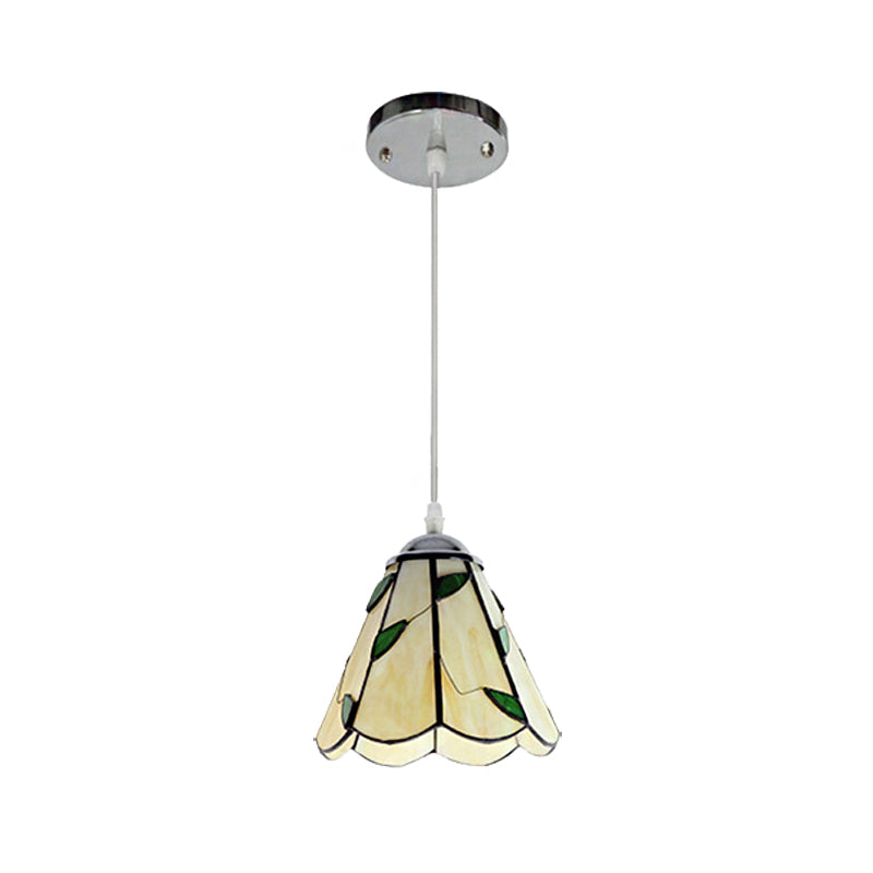 Silver/Black 1 Head Pendant Lamp Tiffany-Style Stained Glass Tapered Hanging Light Fixture with Leaf Pattern
