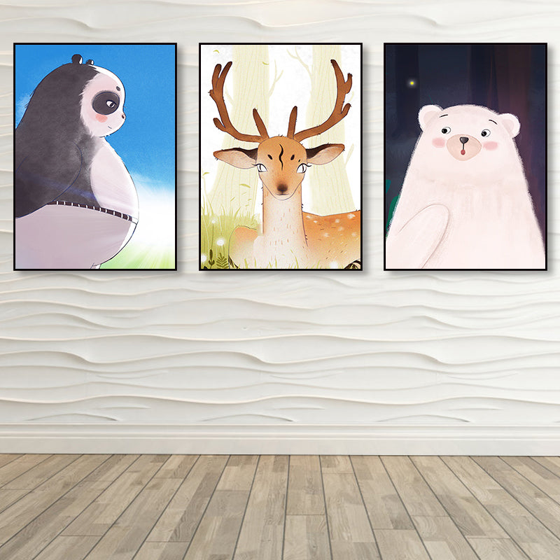 Brown Cartoon Animal Painting Textured Children's Art Living Room Wrapped Canvas, Set of 3