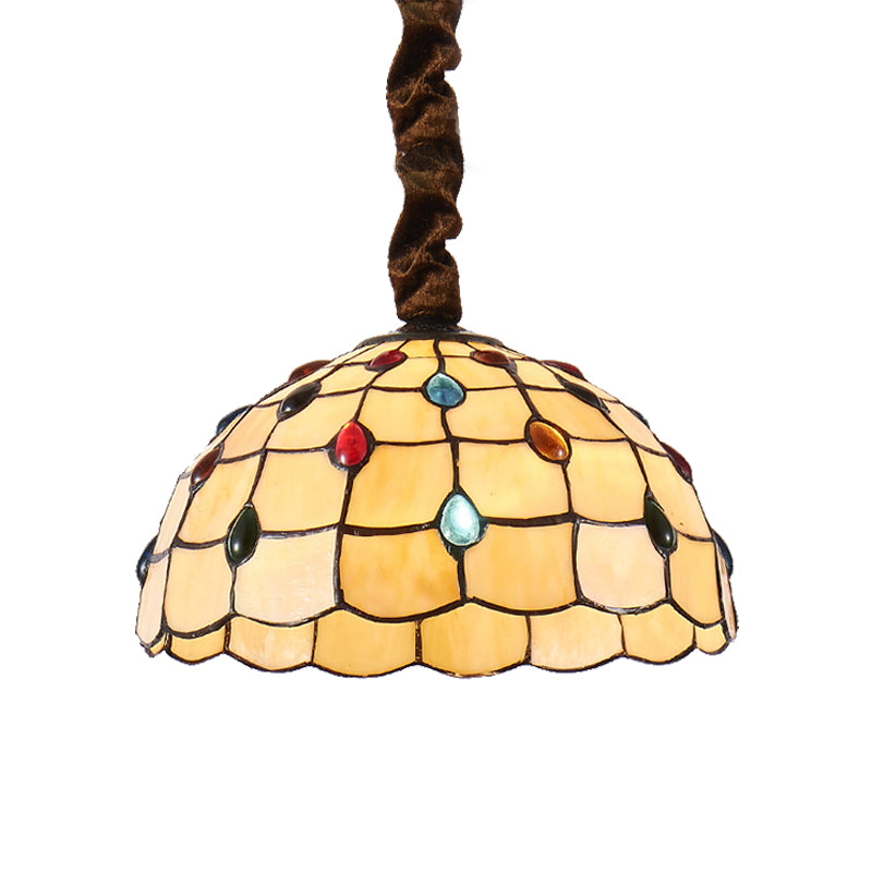 12"/16" Wide Bowl Hanging Lamp Tiffany 1 Bulb Beige Stained Art Glass Hanging Light Kit with Colorful Bead