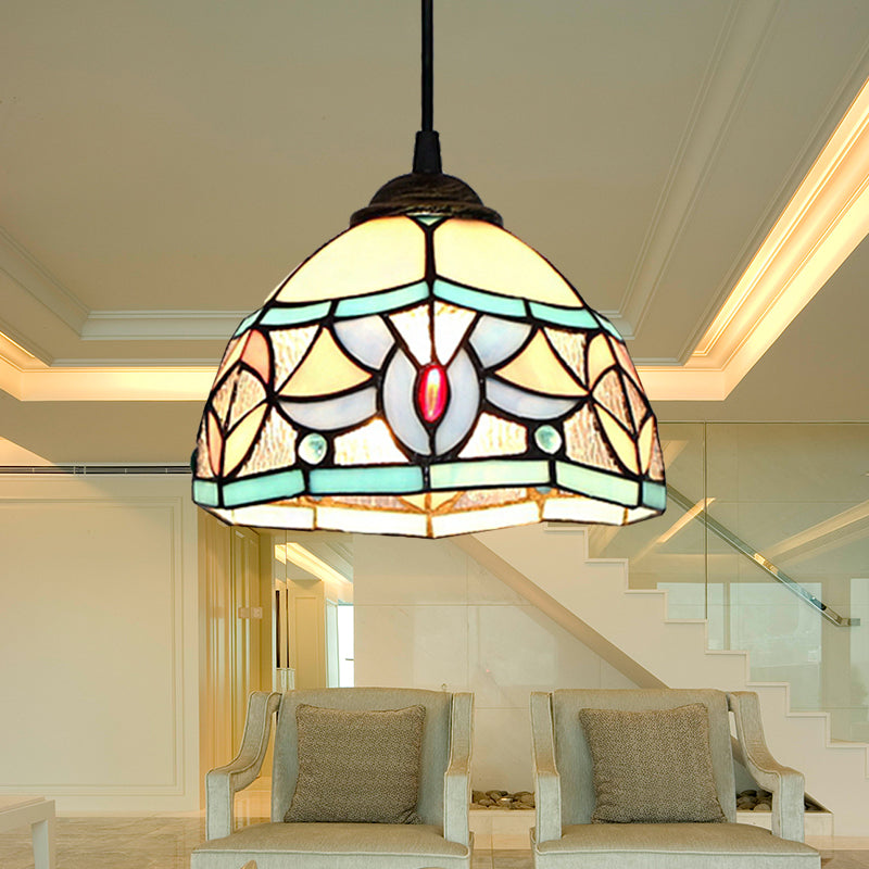 Stained Glass Mini Pendant Light with Cord Tiffany 1 Light Bedroom Hanging Lamp in Antique Bronze