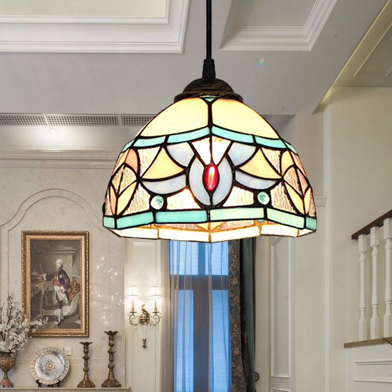 Stained Glass Mini Pendant Light with Cord Tiffany 1 Light Bedroom Hanging Lamp in Antique Bronze