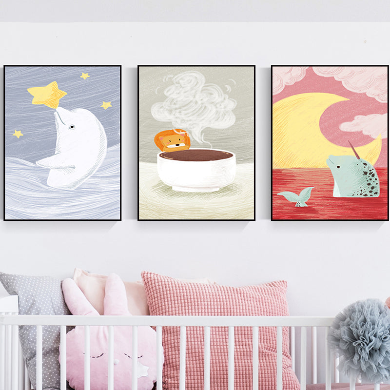 White Animal View Painting Illustraction Children's Art Textured Canvas for Sitting Room
