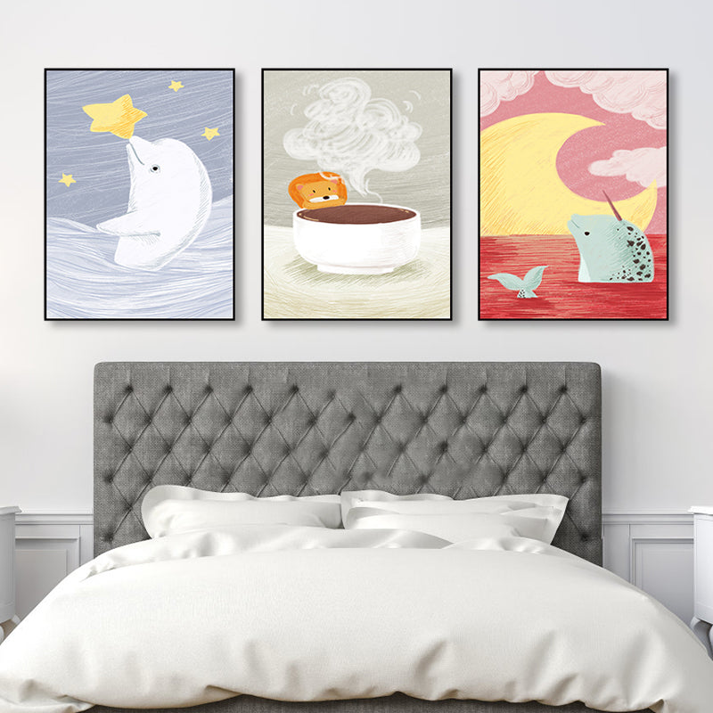 White Animal View Painting Illustraction Children's Art Textured Canvas for Sitting Room