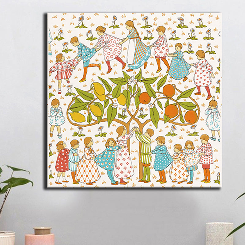 Tree and Kids Canvas Print Textured Children's Art Kids Bedroom Wall Decor in Orange