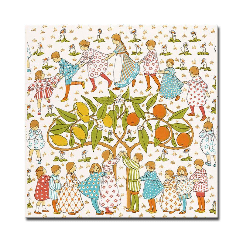 Tree and Kids Canvas Print Textured Children's Art Kids Bedroom Wall Decor in Orange