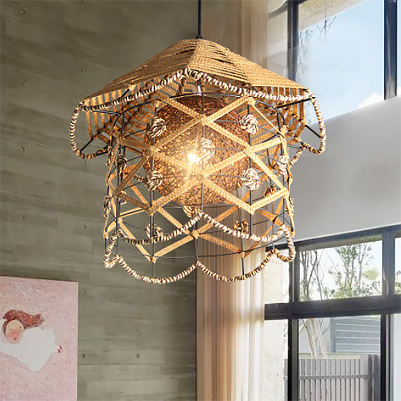 Beige draadframe hanglamp 1 lichte Aziatische stijl metalen en touwhangende lamp voor cottage