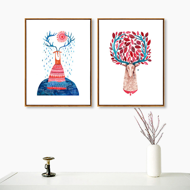 Pink Deers Wall Art Set Textured Nordic Style Sitting Room Canvas Print on White