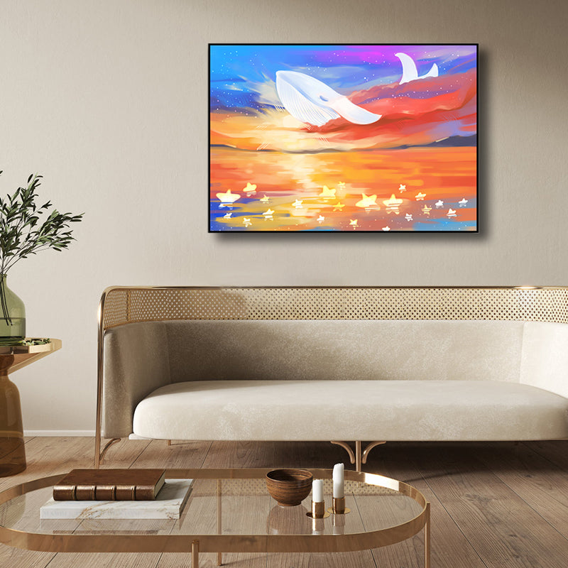 Sea Animal and Ocean Painting Light Color Kids Style Wrapped Canvas for Family Room