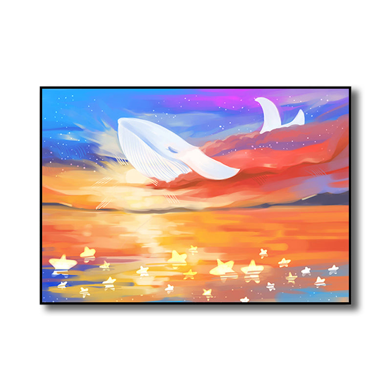 Sea Animal and Ocean Painting Light Color Kids Style Wrapped Canvas for Family Room
