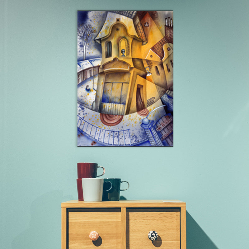Toile texturée moderne avec illustration de décoration murale de bâtiment de couleur douce pour salle familiale