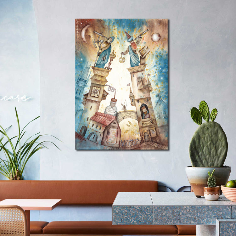 Toile texturée moderne avec illustration de décoration murale de bâtiment de couleur douce pour salle familiale