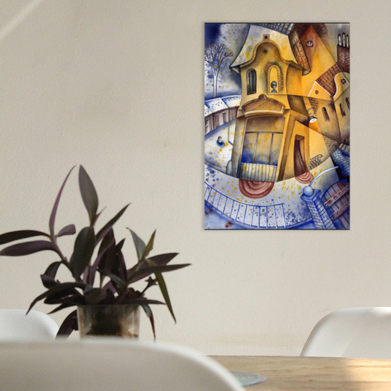 Toile texturée moderne avec illustration de décoration murale de bâtiment de couleur douce pour salle familiale