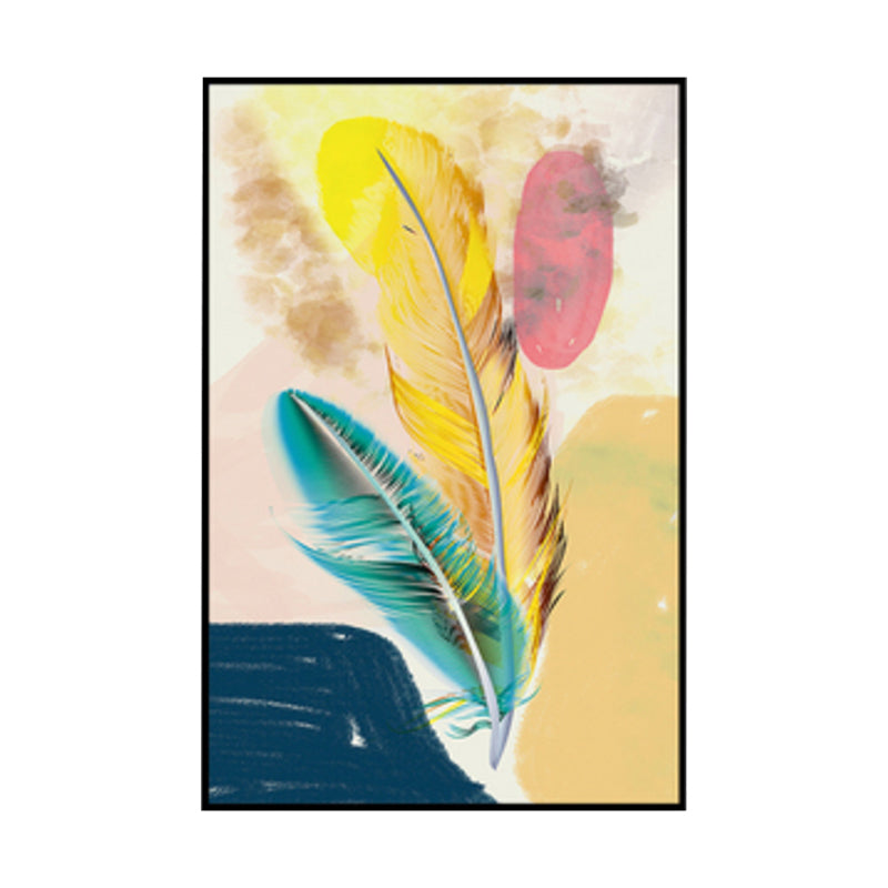 Illustration Nordic Canvas Wall Art with Feather Pattern in Yellow, Multiple Size Options