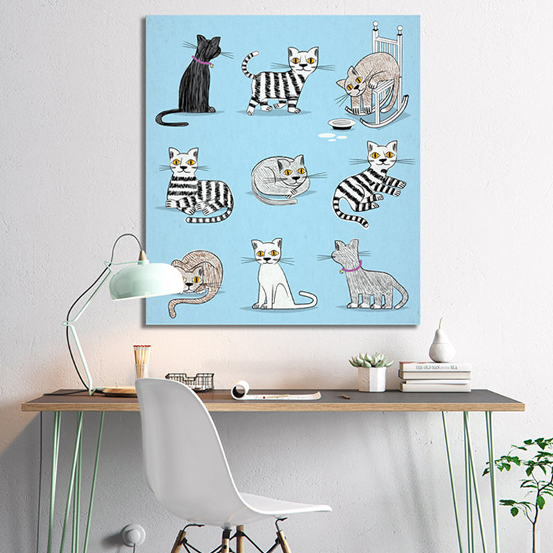Diversiform Cat Pattern Canvas Children's Art Textured Wall Decor in Blue for Guest Room