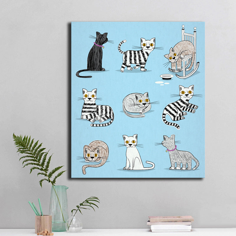 Diversiform Cat Pattern Canvas Children's Art Textured Wall Decor in Blue for Guest Room