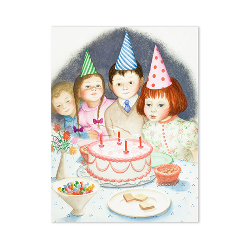 Illustrated Children's Art Canvas Print with Kids Birthday Scene in Light Pink for Parlour