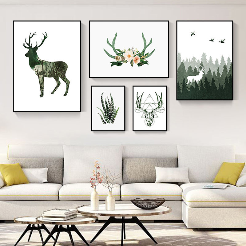 Wild Reindeer Canvas Print Multi-Piece Children's Art House Interior Wall Decor in Green