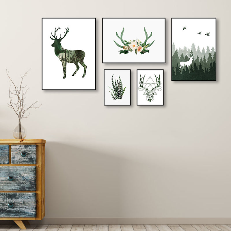 Wild Reindeer Canvas Print Multi-Piece Children's Art House Interior Wall Decor in Green