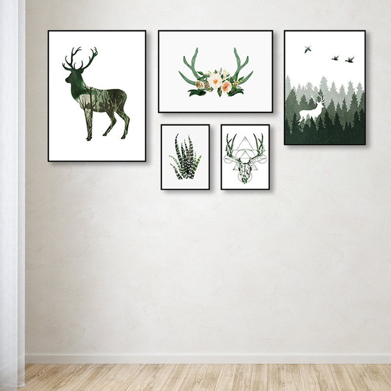 Wild Reindeer Canvas Print Multi-Piece Children's Art House Interior Wall Decor in Green