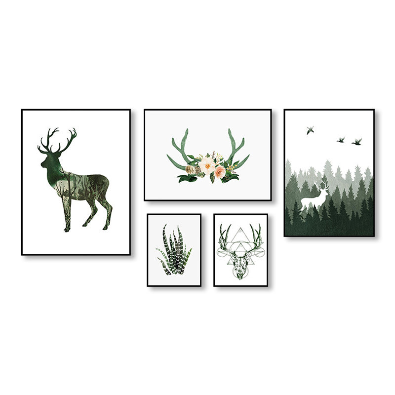 Wild Reindeer Canvas Print Multi-Piece Children's Art House Interior Wall Decor in Green