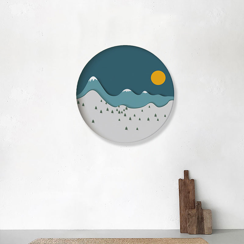 Mountain Forest Canvas House Interior Illustration Landscape Painting in Blue, Textured