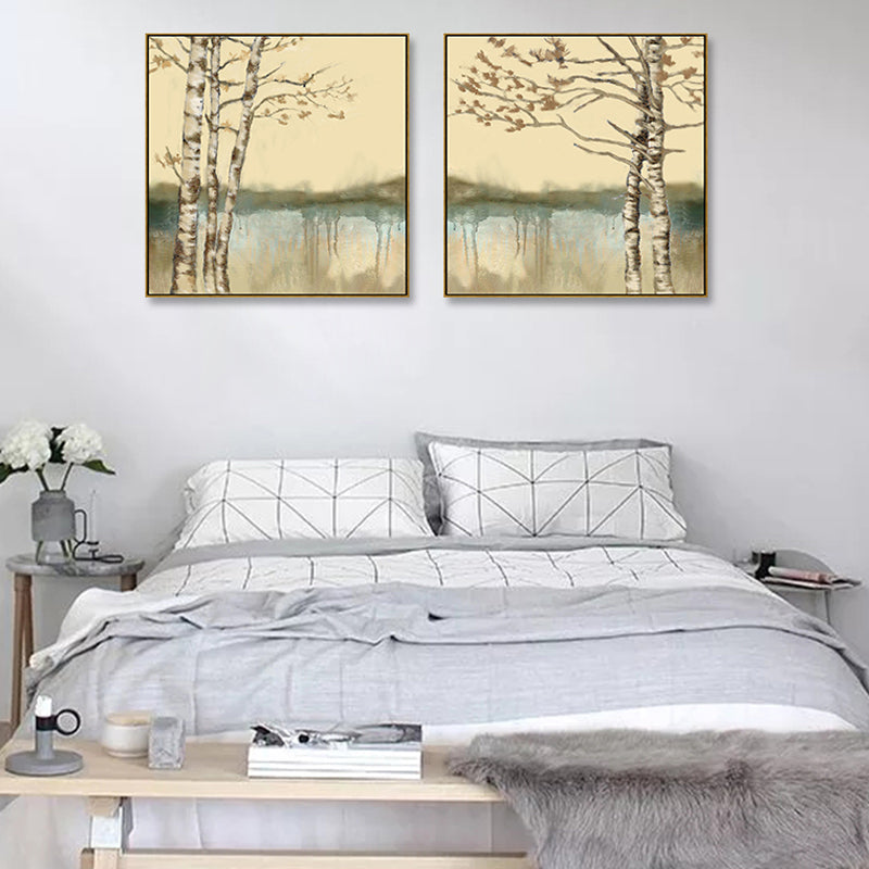 Soft Color Riverside Tree Canvas Art Landscape Country Textured Painting for Bedroom