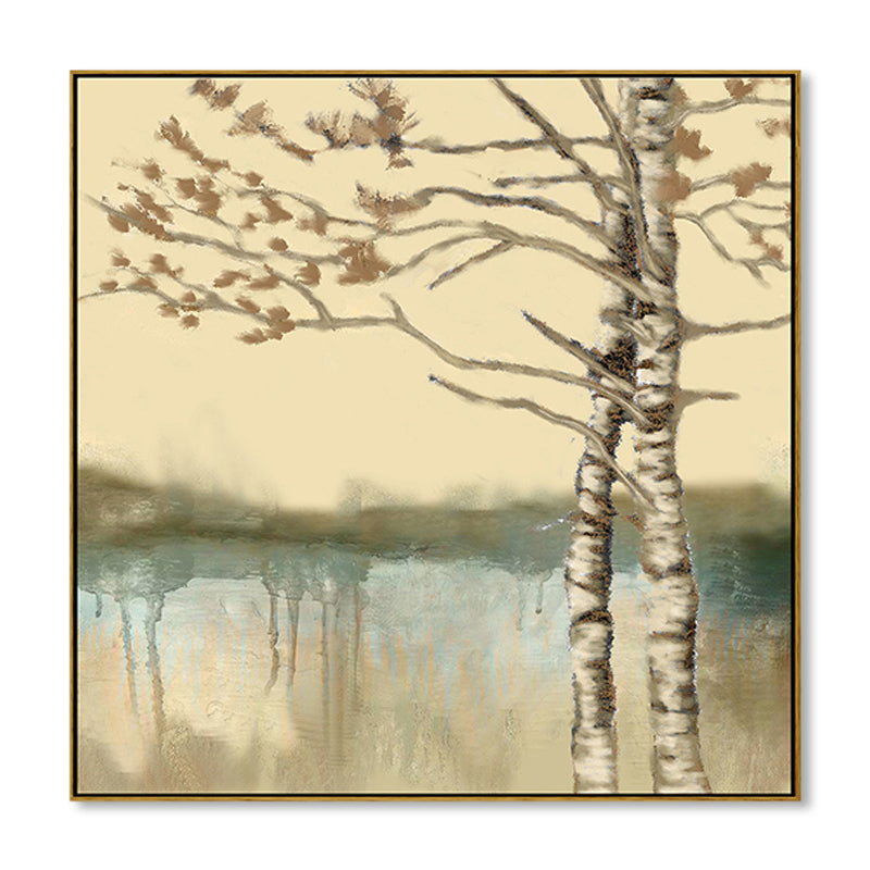 Soft Color Riverside Tree Canvas Art Landscape Country Textured Painting for Bedroom