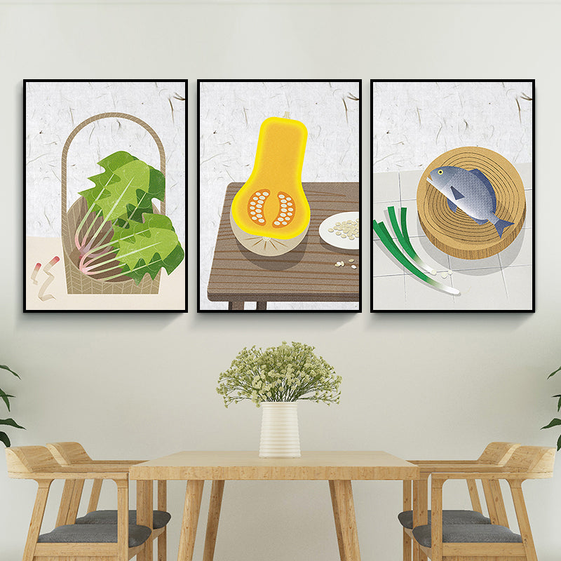 Toile imprimée d'art alimentaire illustré nordique, décoration murale texturée de couleur douce pour salle à manger