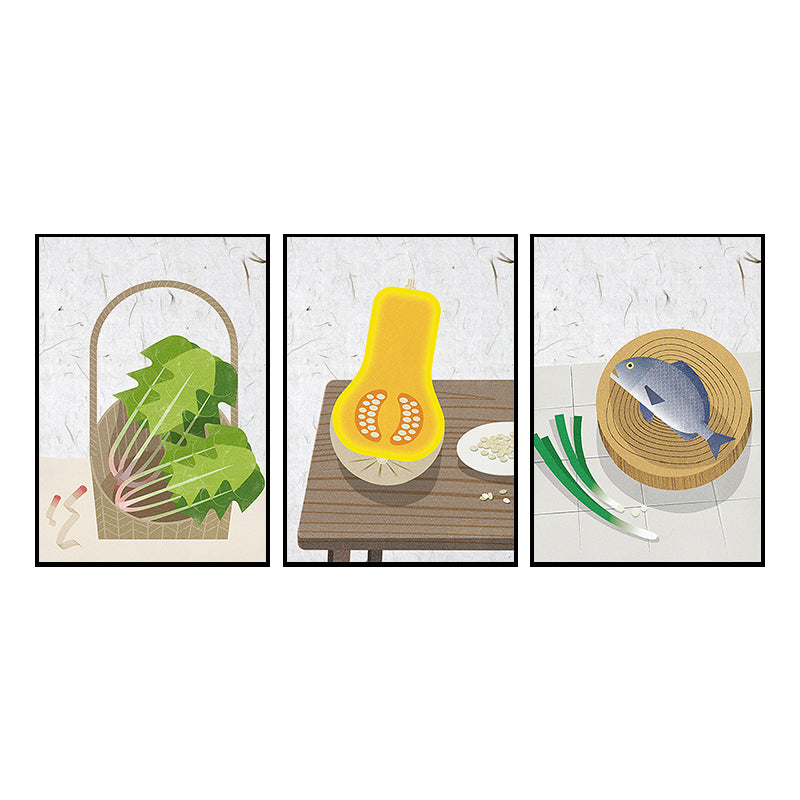 Toile imprimée d'art alimentaire illustré nordique, décoration murale texturée de couleur douce pour salle à manger