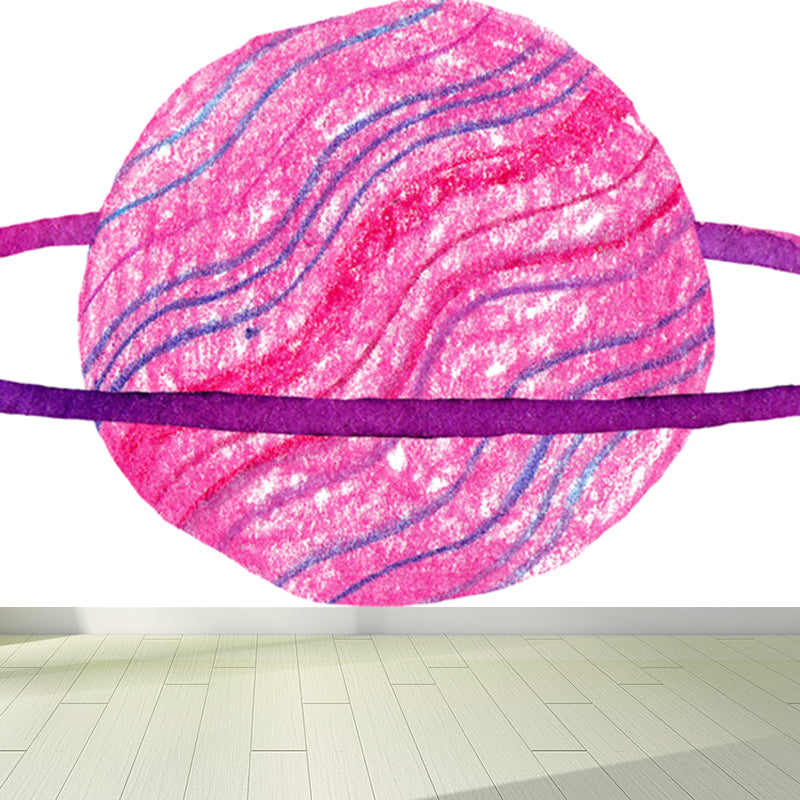 Watercolor Ringed Planet Mural Kids Style Smooth Wall Art in Dark Color for Bedroom