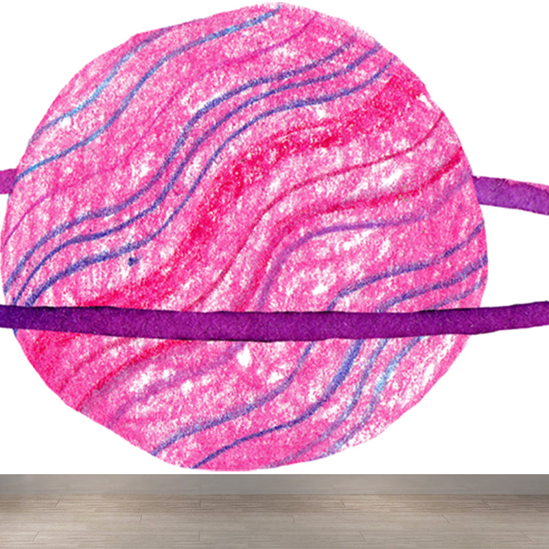 Watercolor Ringed Planet Mural Kids Style Smooth Wall Art in Dark Color for Bedroom
