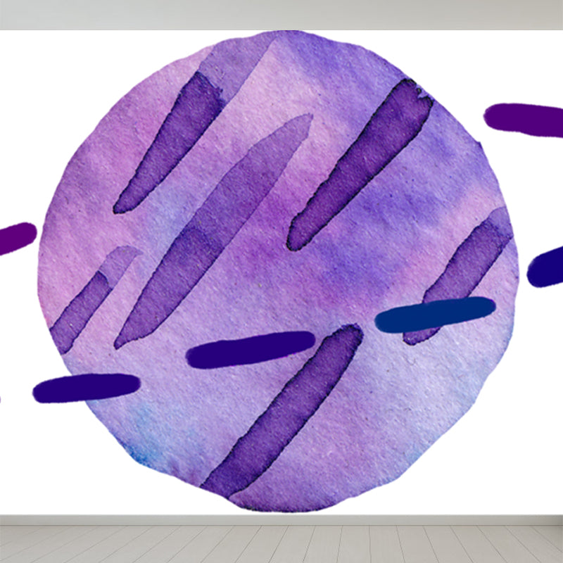 Watercolor Ringed Planet Mural Kids Style Smooth Wall Art in Dark Color for Bedroom