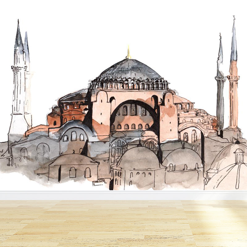 Illustration Grand Building Wall Mural Great Wall Decor for Guest Room, Customised