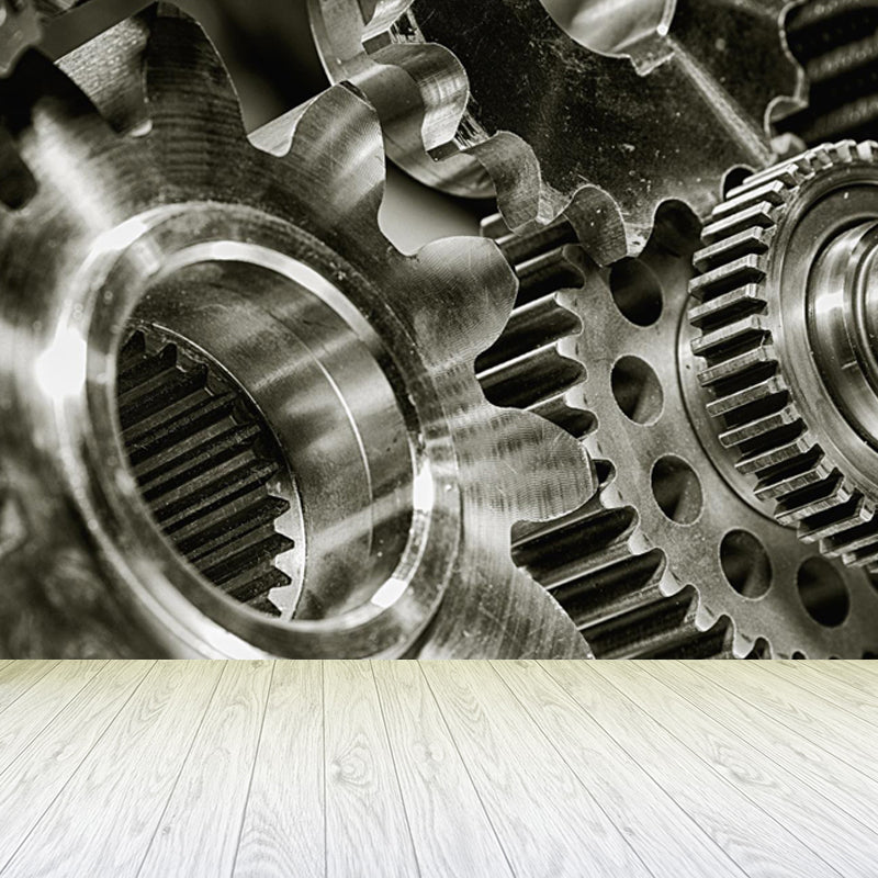 Contemporary Metal Gear Wall Mural Non-Woven Textured Stain-Proofing Dark Color Wall Art for Room