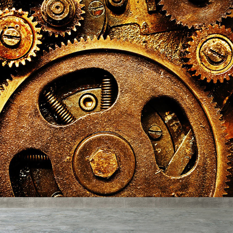 Contemporary Metal Gear Wall Mural Non-Woven Textured Stain-Proofing Dark Color Wall Art for Room