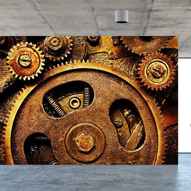 Contemporary Metal Gear Wall Mural Non-Woven Textured Stain-Proofing Dark Color Wall Art for Room