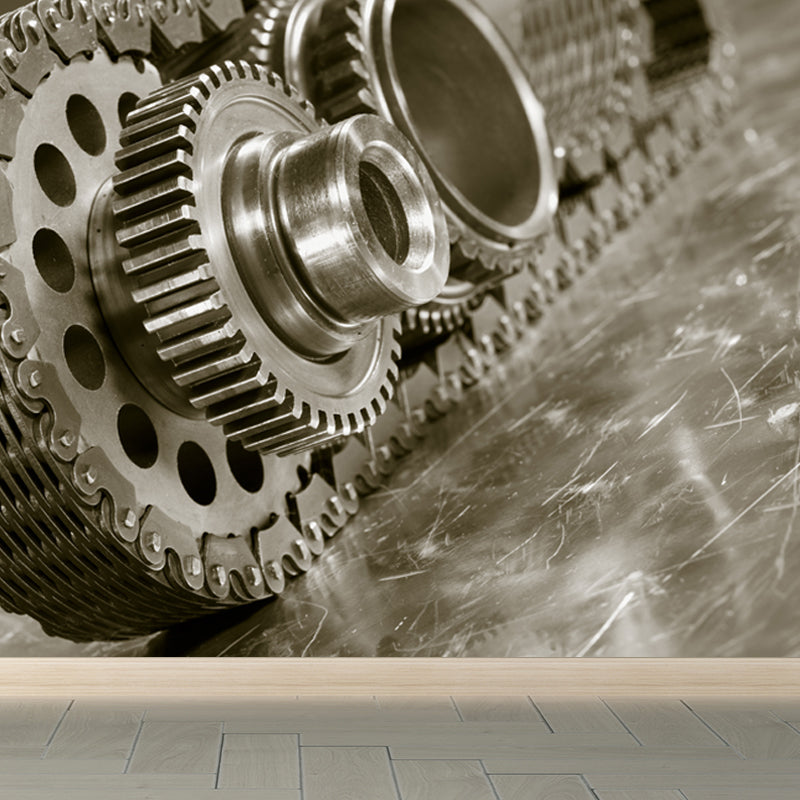 Contemporary Metal Gear Wall Mural Non-Woven Textured Stain-Proofing Dark Color Wall Art for Room