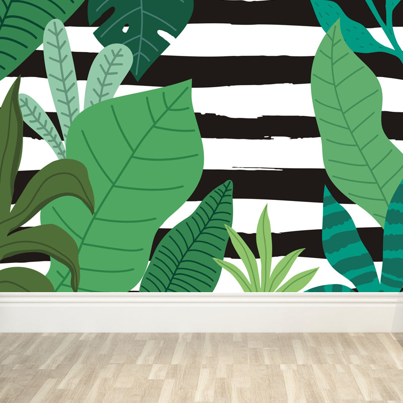 Botanical Leaves Mural Wallpaper Tropical Style Non-Woven Material Wall Covering