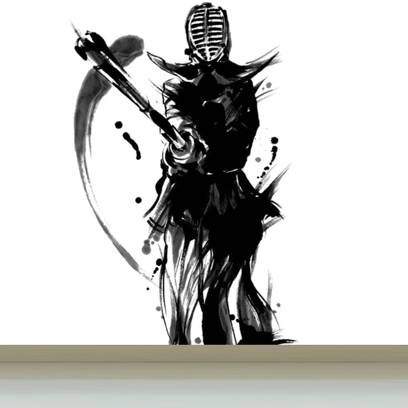 Black Modern Mural Wallpaper Huge Swordsman Portrait Wall Covering for Guest Room