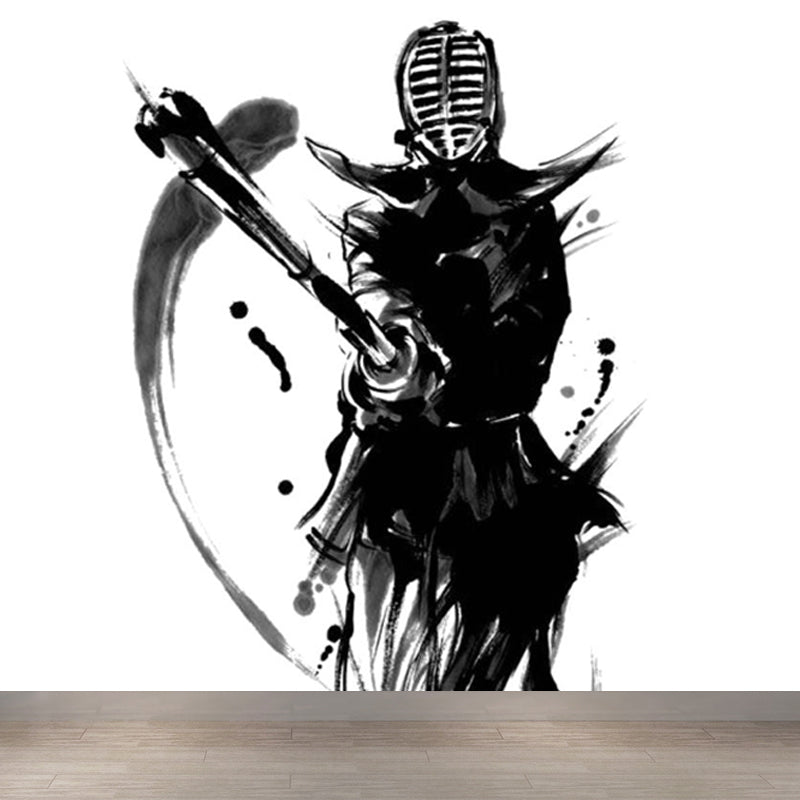 Black Modern Mural Wallpaper Huge Swordsman Portrait Wall Covering for Guest Room