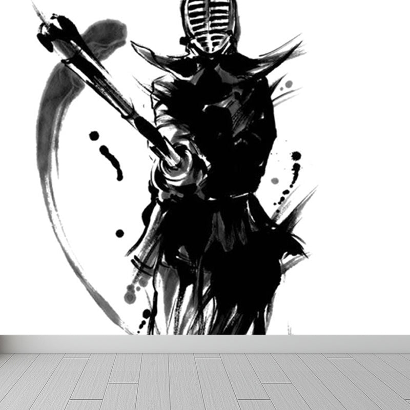 Black Modern Mural Wallpaper Huge Swordsman Portrait Wall Covering for Guest Room