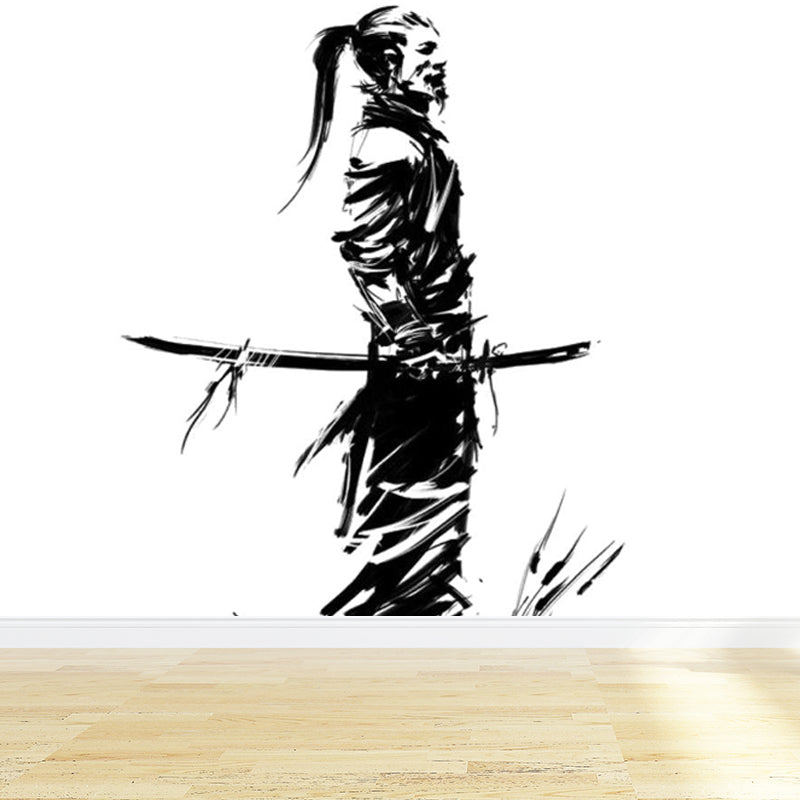 Black Modern Mural Wallpaper Huge Swordsman Portrait Wall Covering for Guest Room