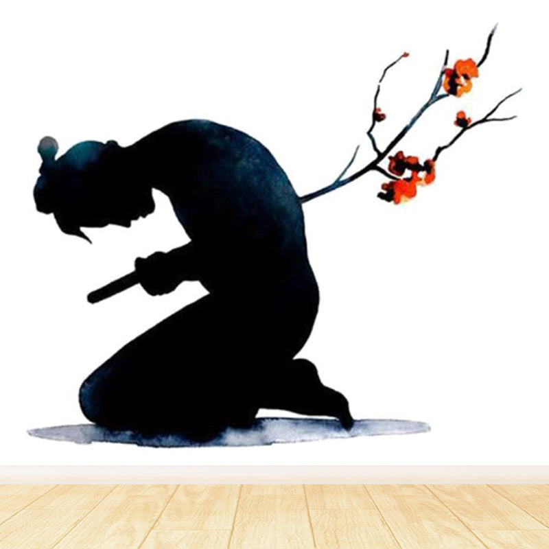 Black Modern Mural Wallpaper Huge Swordsman Portrait Wall Covering for Guest Room