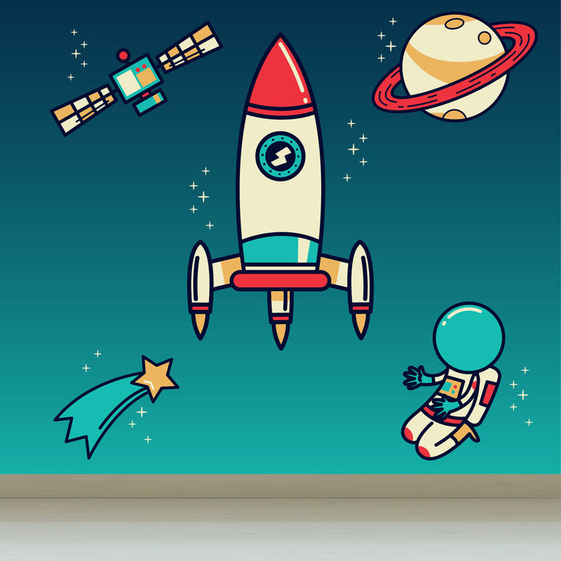 Pastel Color Spaceship Scenery Mural Stain-Proofing Wall Covering for Living Room