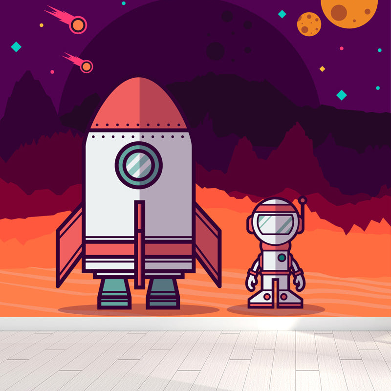 Pastel Color Spaceship Scenery Mural Stain-Proofing Wall Covering for Living Room