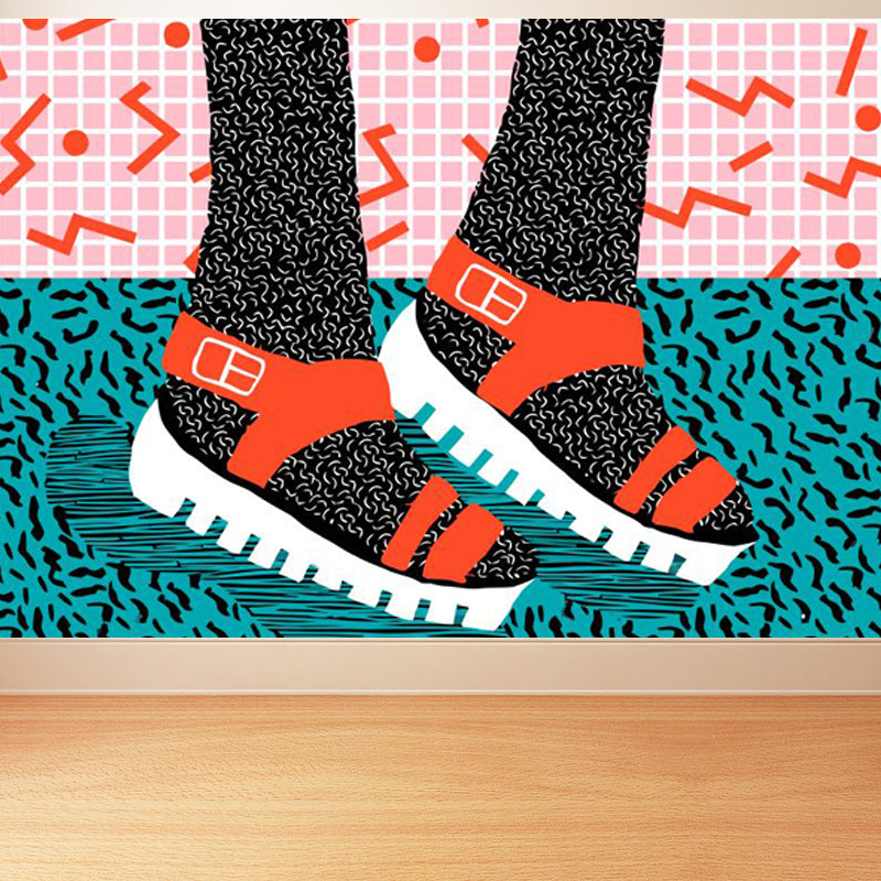 Full Size Illustration Modern Mural Wallpaper with Fashionable Shoes Graphic in Light Color