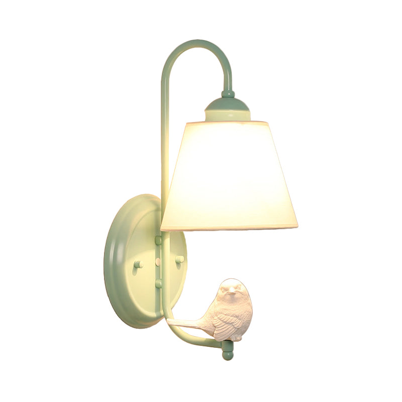 Macaron Style Bucket Shade Wall Light with Bird Deco One Light Metal Wall Sconce in Green for Nursing Room