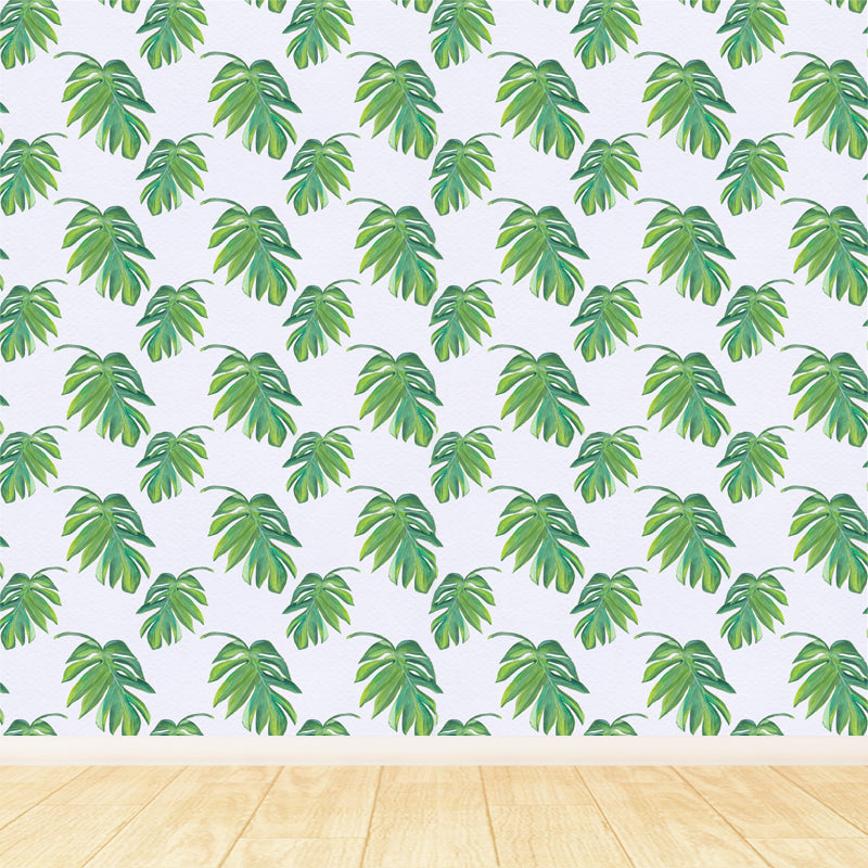 Tropical Leaves Pattern Wall Mural Non-Woven Textured Stain-Proof Soft Color Wall Art for Bedroom